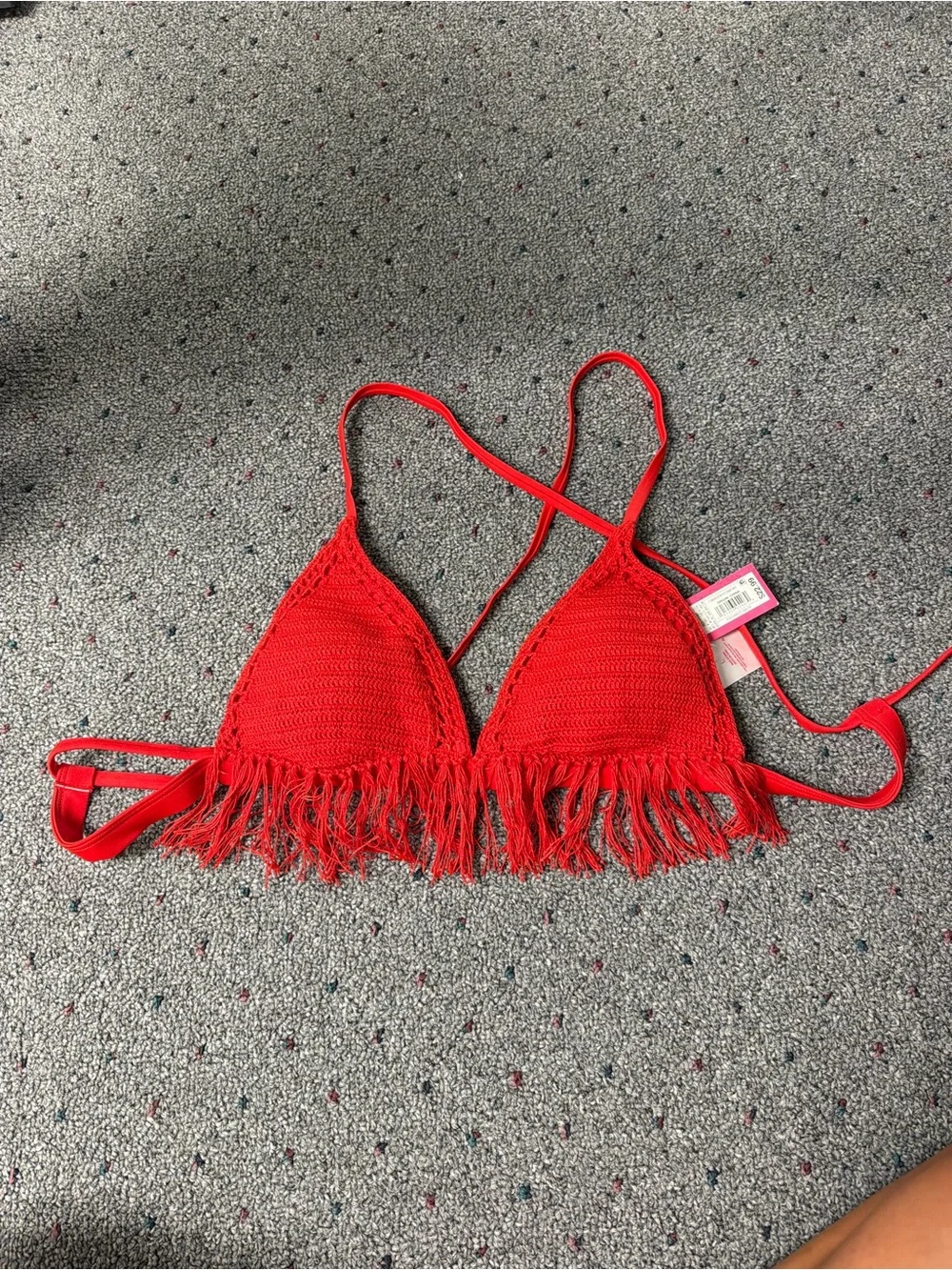 Woman Red Crochet Fringe Swim Top